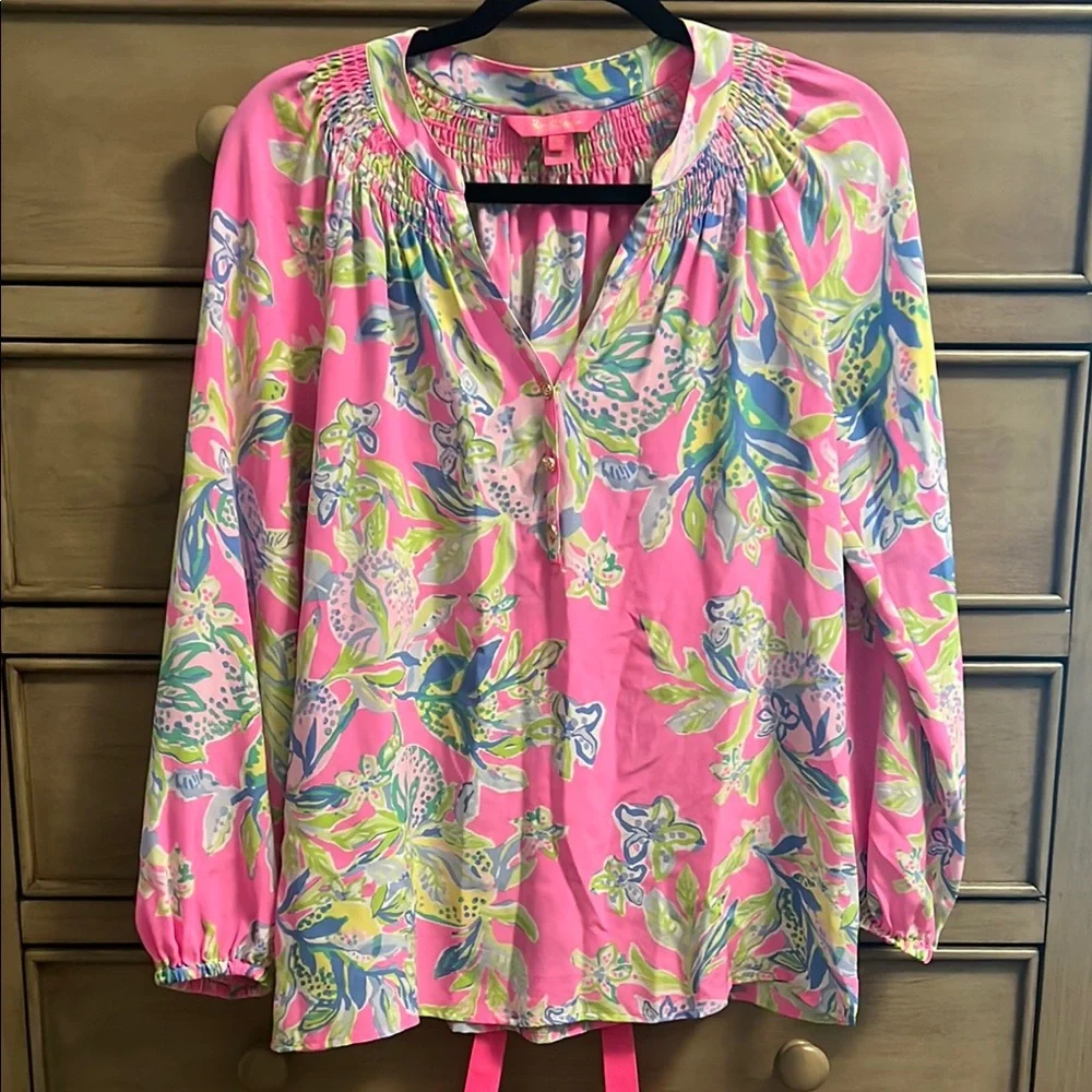 Lilly Pulitzer Pink and Green Floral Blouse - Picture 1 of 5